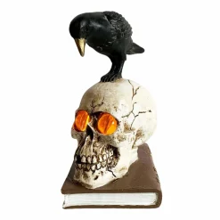 Halloween Decor>Roger's Gardens Black Raven With Glowing Skull On Book - 8" Tall