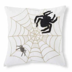 Halloween Decor>Roger's Gardens White Halloween Pillow With Embroidered Spiders & Web - 18" X 18"