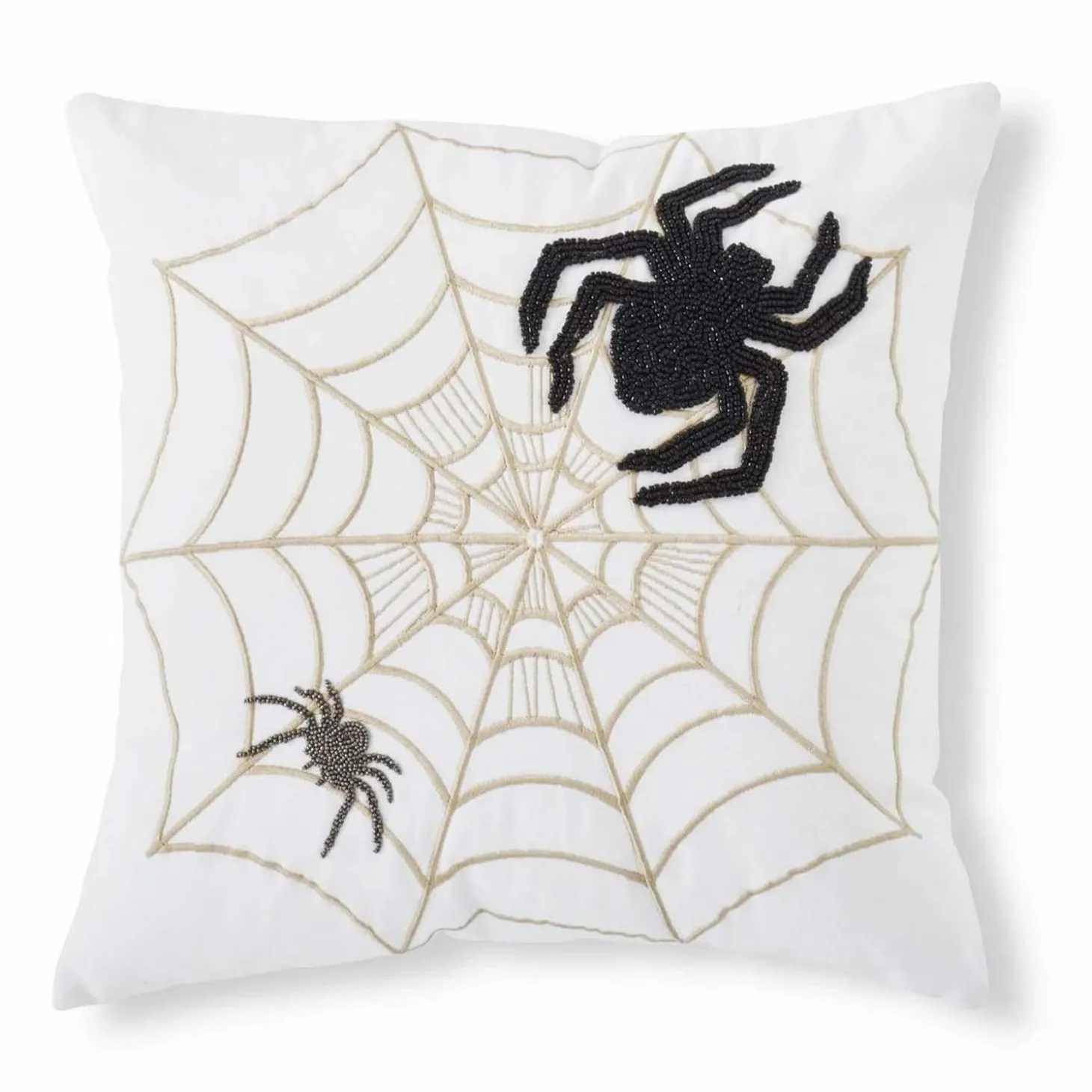Halloween Decor>Roger's Gardens White Halloween Pillow With Embroidered Spiders & Web - 18" X 18"